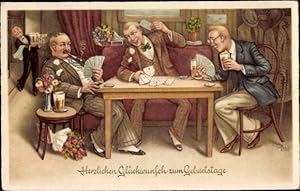 Ansichtskarte / Postkarte Glückwunsch Geburtstag, Männer beim Kartenspiel, Blumen