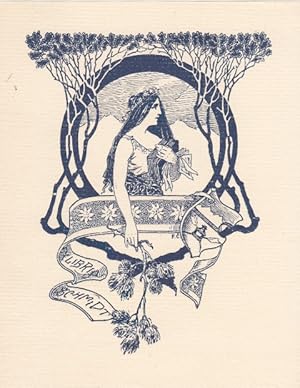 Bild des Verkufers fr Exlibris [Gustav] Schmidt. Weibliche Halbfigur mit Bchern und Zweig nach links in Jugendstil-Rahmung. zum Verkauf von Antiquariat  Braun