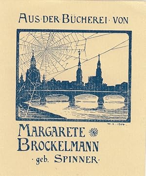 Immagine del venditore per Aus der Bcherei von Margarete Brockelmann geb. Spinner. Stadtsilhouette von Dresden hinter einem Spinnennetz. venduto da Antiquariat  Braun