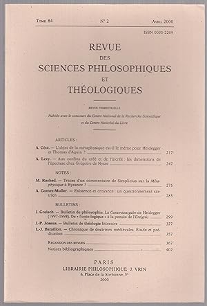 Seller image for Revue des sciences philosophiques et thologiques Tome 84, n2, avril 2000 for sale by LibrairieLaLettre2