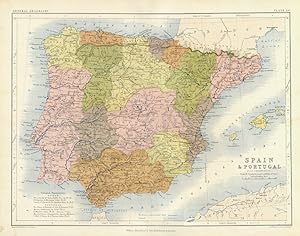 ANTIQUE MAP 1861 HISTORICAL COLOR RELIEF MAP of SPAIN and PORTUGAL SHOWING TERRAIN, TOPOGRAPHY AN...