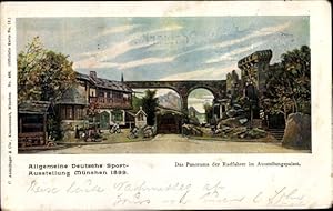 Ansichtskarte / Postkarte München, Allg. Dt. Sportausstellung 1899, Panorama der Radfahrer im Aus...