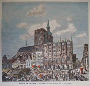 kolorierter Holzstich - Rathhaus und Nikolaikirche in Stralsund ( Rathaus )