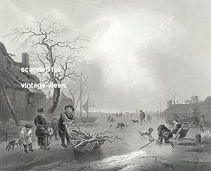 Dutch Winter Scene Isaak van Ostade Antique Print