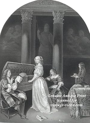 Lady playing Harpsichord CASPAR NETSCHER Antique Print