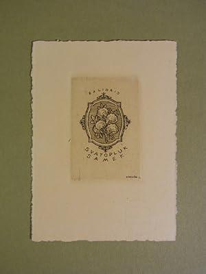Exlibris Svatopluk Samek. Motiv: Wappenschild mit Baumwollzweig. Original-Radierung