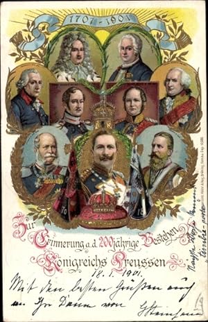 Bild des Verkufers fr Litho 200 Jahre Knigreich Preuen 1701-1901, Kaiser Wilhelm II, Knig Friedrich II, Friedrich III zum Verkauf von akpool GmbH