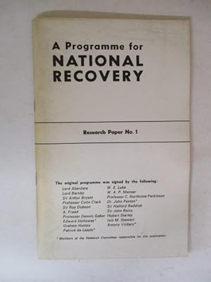 Image du vendeur pour A Programme for National Recovery research Paper No 1 mis en vente par GREENSLEEVES BOOKS