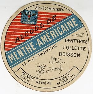 "ALCOOL DE MENTHE AMÉRICAINE (Genève)" Étiquette-chromo originale (1875)