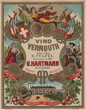 "VINO VERMOUTH Casa E. PELPEL - G. HARTMANN" Etiquette-chromo originale (entre 1890 et 1900)