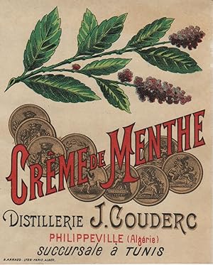 "CRÊME de MENTHE COUDERC Philippeville Tunis" Etiquette-chromo originale (entre 1890 et 1900)