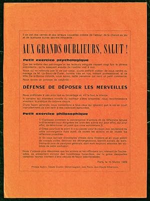 Image du vendeur pour AUX GRANDS OUBLIEURS, SALUT ! Tract surraliste. mis en vente par Librairie Le Livre Penseur