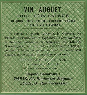 "VIN AUGUET TONI-RÉPARATEUR au QUINA, COCA" Étiquette-chromo originale (entre 1890 et 1900)