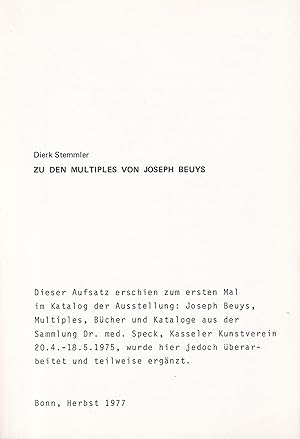 Seller image for Dierk Stemmler. Zu Den Multiples Von Joseph Beuys [Ueberarbeiteter Und Teils Ergaenzter Aufsatz] for sale by Stefan Schuelke Fine Books