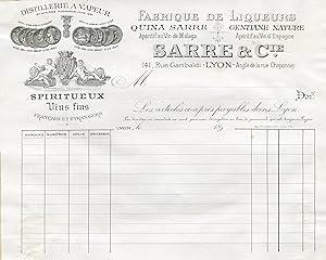"FABRIQUE DE LIQUEURS (QUINA SARRE & Cie Lyon)" Facture originale (1894)