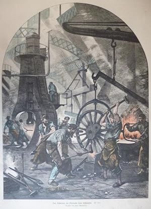 Bild des Verkufers fr kolorierter Holzstich - Das Schmieden des Eisenrads einer Lokomotive ( Schmied Schlosser ) zum Verkauf von Allguer Online Antiquariat