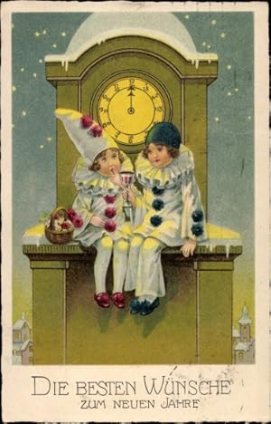 Bild des Verkufers fr Ansichtskarte / Postkarte Glckwunsch Neujahr, Zwei Harlekins, Mitternacht, Turmuhr zum Verkauf von akpool GmbH