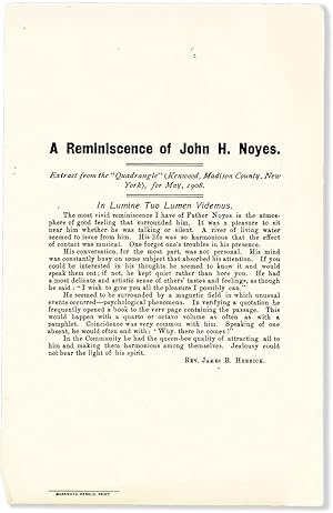 Bild des Verkufers fr A Reminiscence of John H. Noyes. Extract from the "Quadrangle" (Kenwood, Madison County, New York), for May, 1908 zum Verkauf von Lorne Bair Rare Books, ABAA