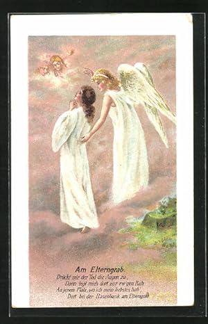 Bild des Verkufers fr Knstler-Ansichtskarte Elterngrab, junge Frau in Gedenken an die Eltern, der Engel an ihrer Seite zum Verkauf von Bartko-Reher