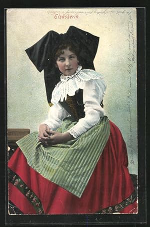 Bild des Verkufers fr Ansichtskarte elsass-lothringische Tracht, junge Frau im roten Kleid mit schwarzer Schleife zum Verkauf von Bartko-Reher