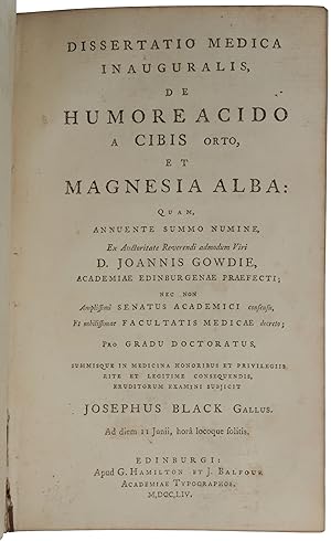 Bild des Verkufers fr Dissertatio medica inauguralis, de humore acido a cibis orto, et magnesia alba. [Bound as the third item in a sammelband with eight other medical dissertations (listed below)] zum Verkauf von SOPHIA RARE BOOKS