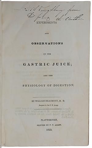 Image du vendeur pour Experiments and Observations on the Gastric Juice, and the Physiology of Digestion mis en vente par SOPHIA RARE BOOKS