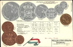 Ansichtskarte / Postkarte Niederländisch Indien, Postkarten mit Nationalflagge, Münzen, Königin W...