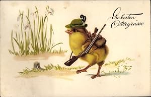 Ansichtskarte / Postkarte Glückwunsch Ostern, Küken als Jäger