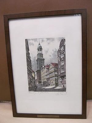 Hamburg - St. Michaelis. Kolorierte Originalradierung von St. Michaelis vom Hohlen Weg aus gesehe...