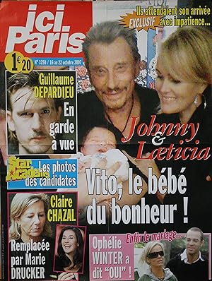 "Johnny HALLYDAY et LAETICIA / Guillaume DEPARDIEU / Claire CHAZAL" Affiche originale ICI PARIS 1...