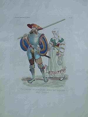 Bild des Verkufers fr Paysanne Allemande Avec Un Piqvier XVI e Siecle. Costumes historiques de Femmes. Antique Print zum Verkauf von Meiwes