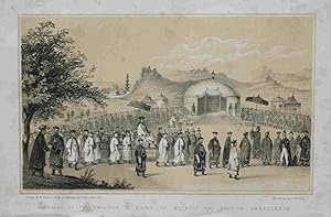 Approach of the Emperor of China, to Receive the British Ambassador. Original engraved Print. Ant...