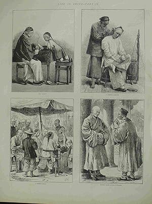 Life in China. The Lesson. A Street Barber. A Street Stall. Monks with Hand-Furnaces. 1872. Origi...