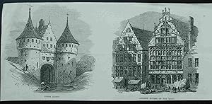 Porte Rabot. Ancient Houses on the Quay.Ghent. Original engraved Print. Antique Engraving