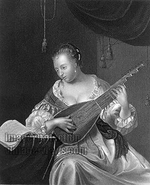 1850s Steel Engraving - Antique Print of a GIRL PLAYING THE LUTE Engraved by:EULENSTEIN , after a...