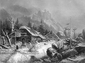 1850s Steel Engraving - Antique Print of A SMITHY ON THE MOUNTAINTOP IN THE WINTER Engraved by: F...