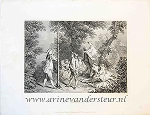 [Antique print, wedden, bets, bow and arrow, engraving] Das Wettschiessen. published ca. 1850.