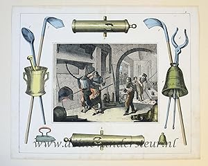 [Antique print, game, handcolored engraving] Fondeur de cloches et de canons, published ca. 1850.