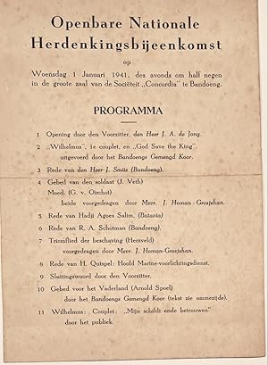 Seller image for [Indonesia, 1941] Programma Openbare Nationale Herdenkingsbijeenkomst, 1 p. for sale by Antiquariaat Arine van der Steur / ILAB
