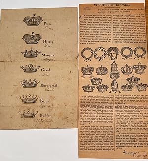 [Antique print Crowns] Antique print with diverse crowns, together with newspaper article " Vorst...