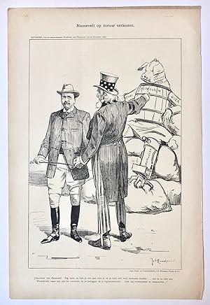 [Original lithograph/lithografie by Johan Braakensiek] Roosevelt op nieuw verkozen, 20 November 1...
