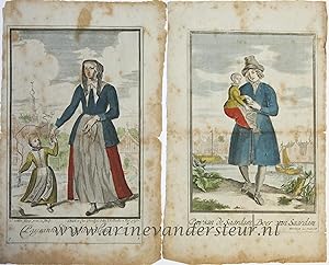 Image du vendeur pour [Two antique prints, hand colored etching and engraving] A couple of farmers from Zaandam / Een paar boeren uit Zaandam, published ca. 1669-1690. mis en vente par Antiquariaat Arine van der Steur / ILAB