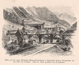 Imagen del vendedor de Bilder von der neuen Eisenbahn Eisenerz-Vordernberg in Steiermark: Station Krumpenthal mit Rst- und Hochfen. a la venta por Antiquariat Martin Barbian & Grund GbR