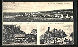 Ansichtskarte Brandau i. Böhmen, Panorama, Partie am Eingang ins Töltschtal mit Forsthaus, Kirche...