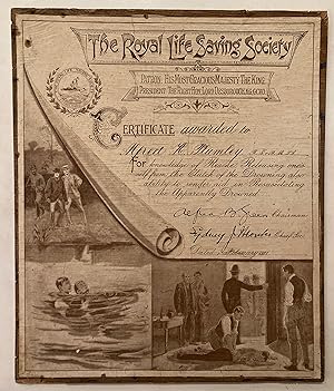 Certificate with three images of drowning, rescue and resuscitation, awarded to one H Humley Febr...