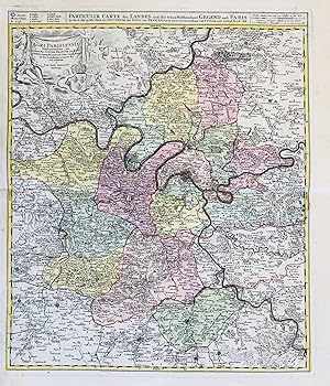 Image du vendeur pour Agri Parisiensis Tabula particularis, qua maxima Pars Insulae Franciae, seu Regiae celeberrimaeq. Parisiorum Urbis vicina Regia in suas Castellanias accurate di visa exhibetur. / Particulir Carte des Landes und der Schn-Weltberhmte Gegend um Paris so da ist der grte Theil des Gouvernem. der Insul von Franckreich, accurat verzeichnet von F. Vivier und verlegt durch JBH" - Paris Corbeil Etampes Versailles Ile-de-France carte map Karte mis en vente par Antiquariat Steffen Vlkel GmbH