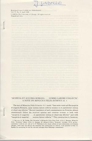 Bild des Verkufers fr Auspicia et auguria romana.summo labore collecta": A Note on Minucius Felix Octavius 26.1. [From: Classical Philology, Vol. 77, No. 2, April 1982]. zum Verkauf von Fundus-Online GbR Borkert Schwarz Zerfa