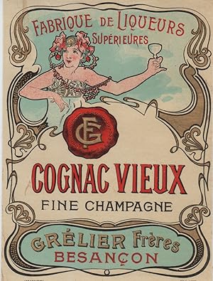 "COGNAC VIEUX GRÉLIER Frères Besançon" Étiquette-chromo originale (entre 1890 et 1900)