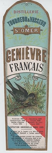 "GENIÈVRE Français DISTILLERIE TOURNEUR&VASSEUR ST OMER" Etiquette-chromo originale (1889)