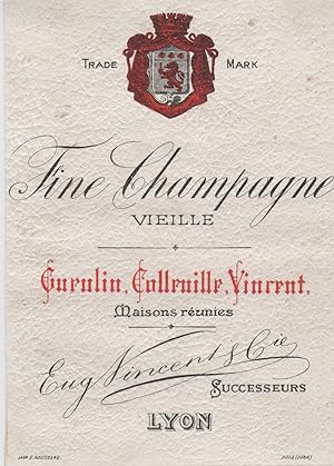 "FINE CHAMPAGNE VIEILLE Eugène VINCENT Lyon" Etiquette-chromo originale (entre 1890 et 1900)